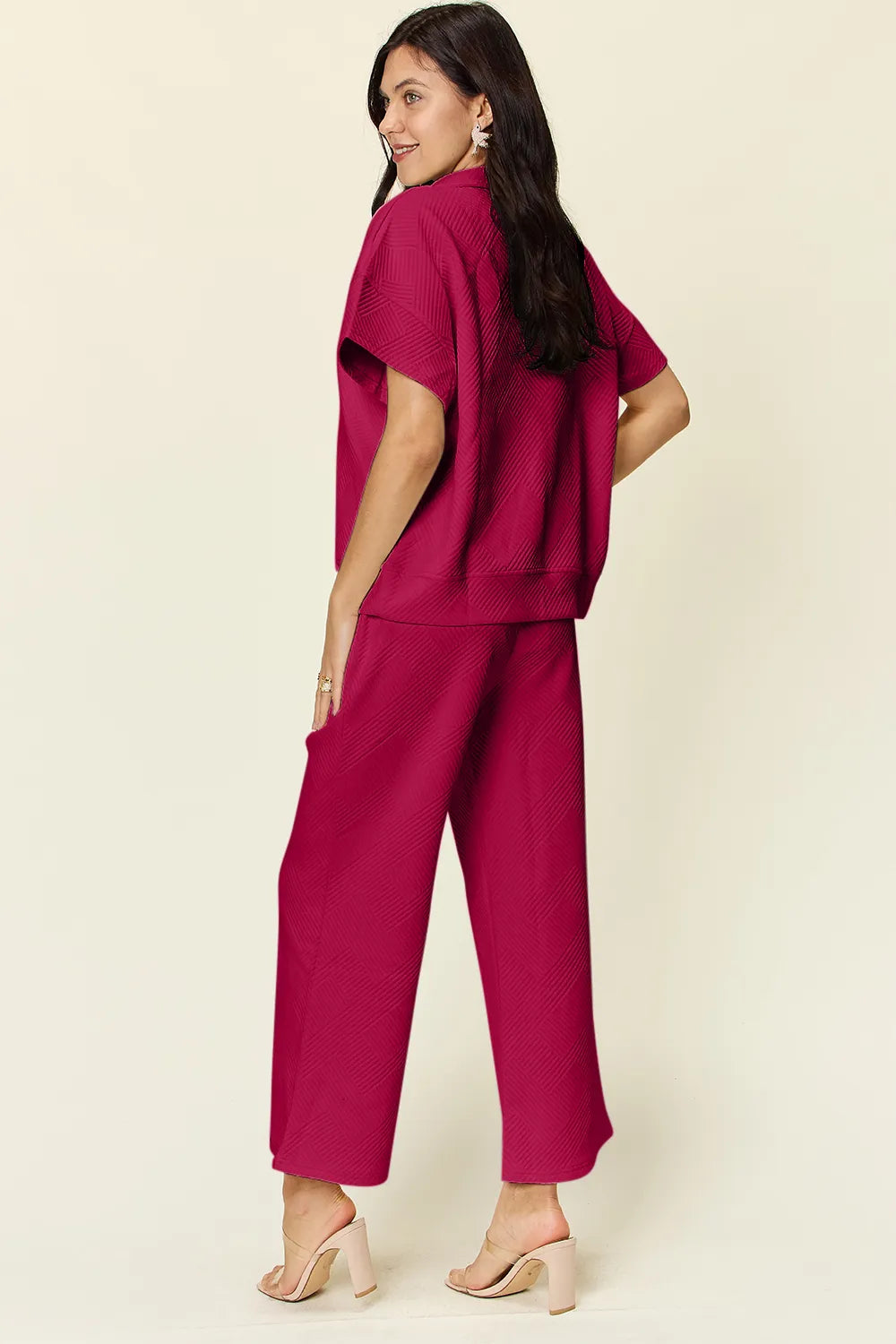 Double Take Full Size Texture Half Zip Short Sleeve Top and Pants Set in Hot Pink