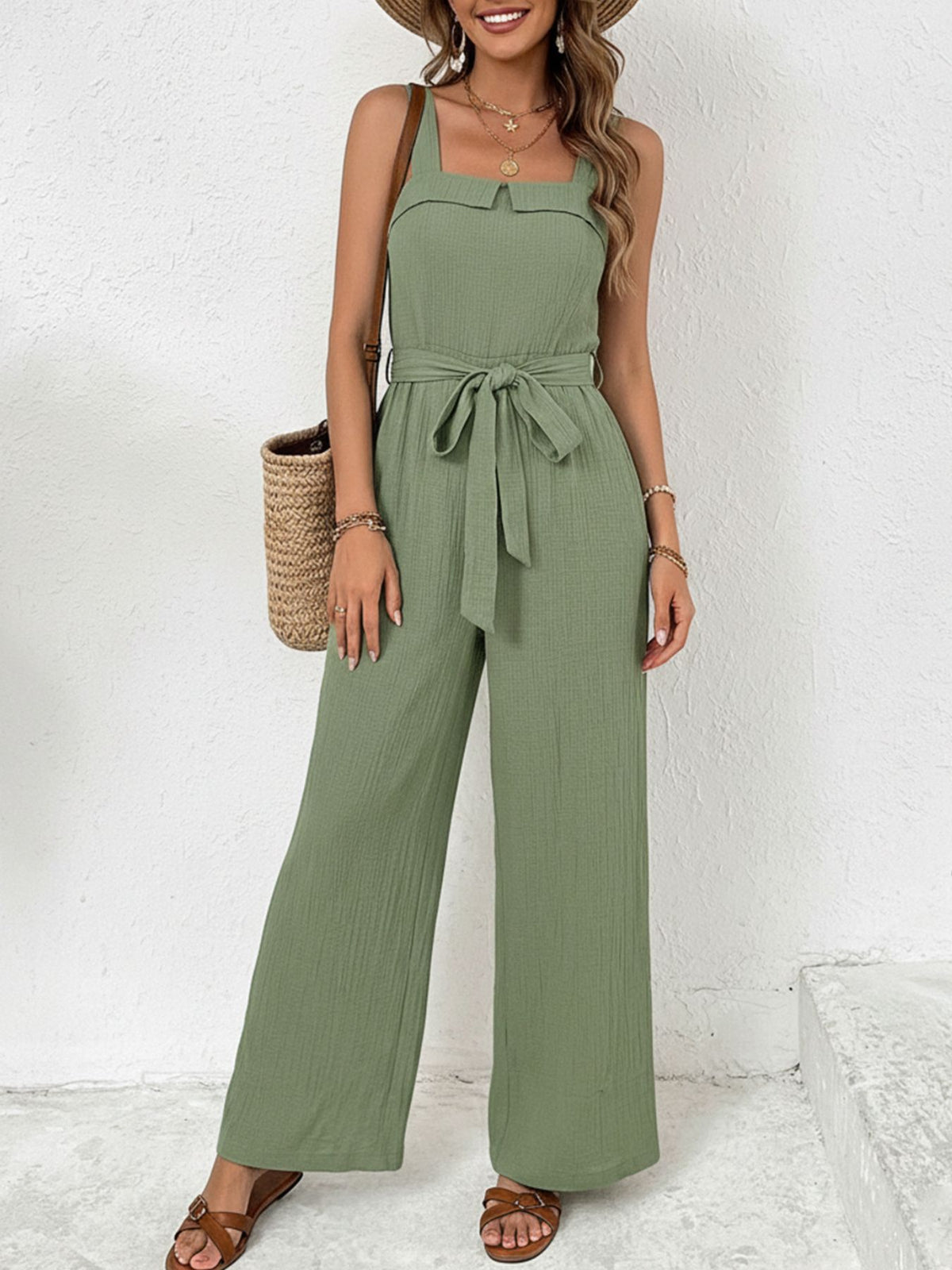 Tie Waist Wide Leg Jumpsuit - Lilixa.store