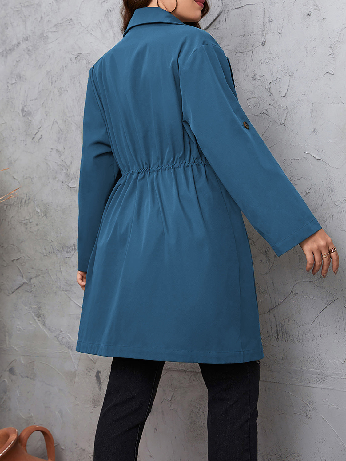 Honey Plus Size Lapel Collar Drawstring Roll-Tab Sleeve Trench Coat - Lilixa.store
