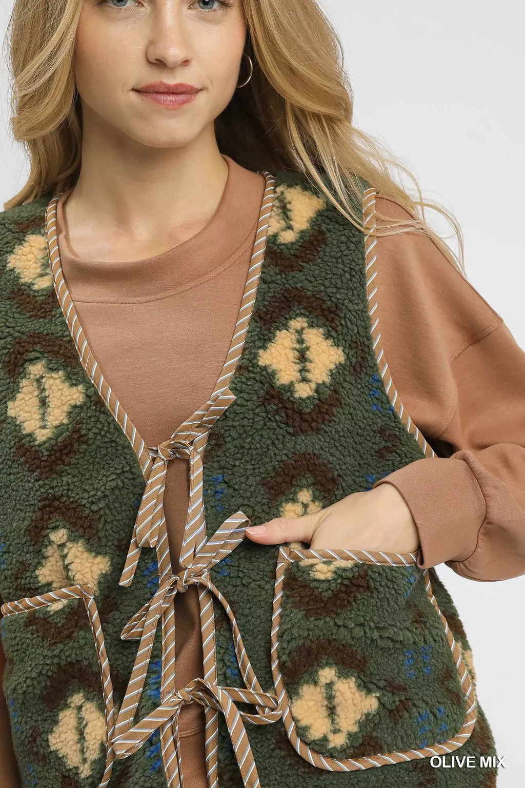 Umgee Mix Patterned Sherpa Tie-Front Vest - Lilixa.store
