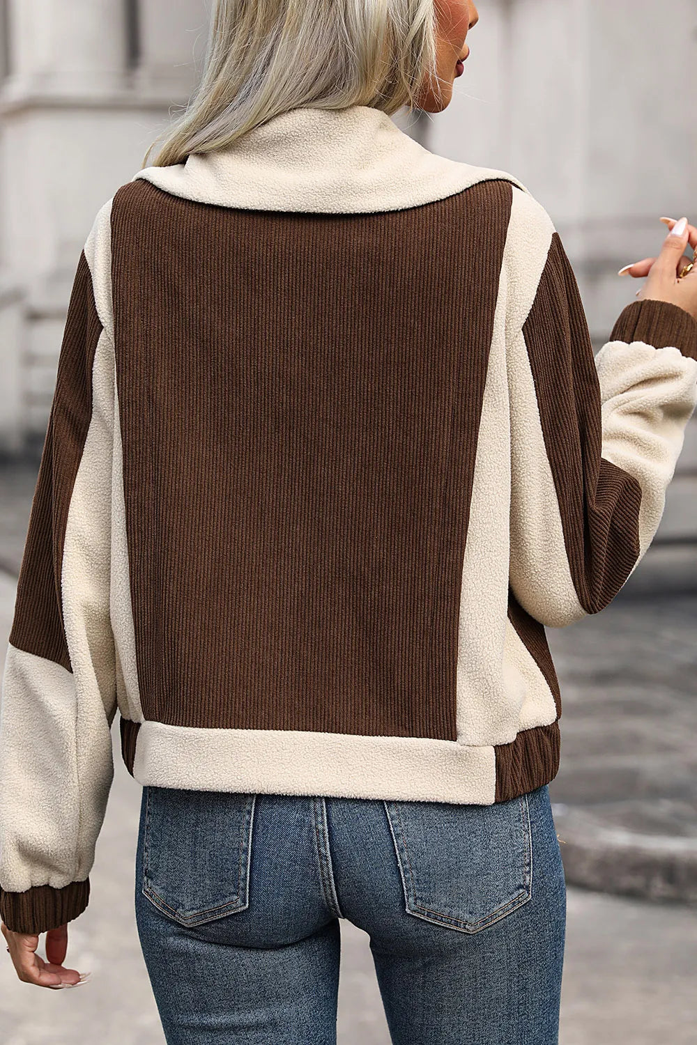 Perfee Color Block Zip Up Pocketed Jacket in Chocolate, view 2