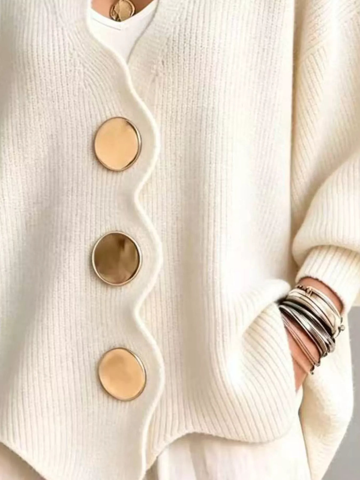 Full Size Scalloped-Edge Oversized Button-Down Cardigan Plus Size