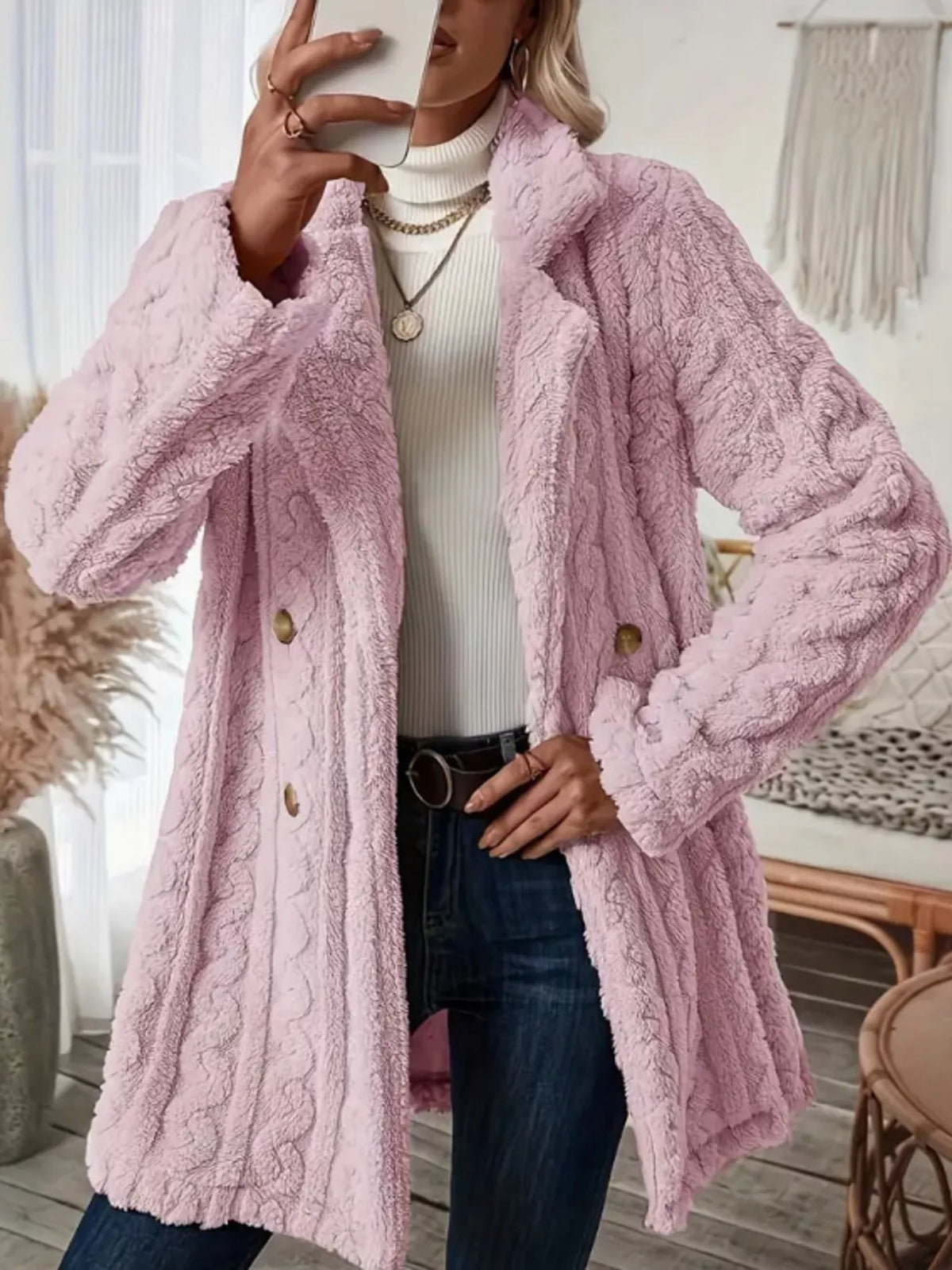 Cozy Faux Shearling Double-Breasted Outerwear, view 8