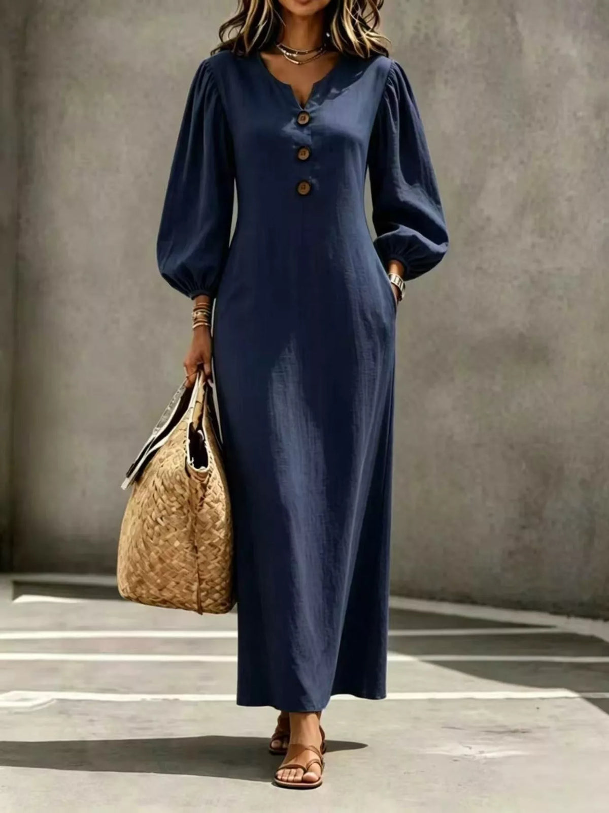 Decorative Button Balloon Sleeve Maxi Dress - Lilixa.store