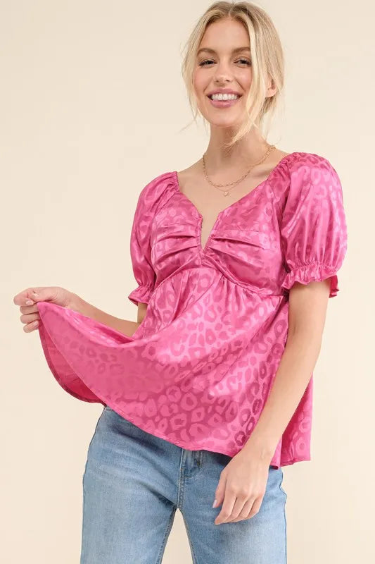 And The Why Satin Leopard V Wired Puff Sleeves Blouse - Lilixa.store
