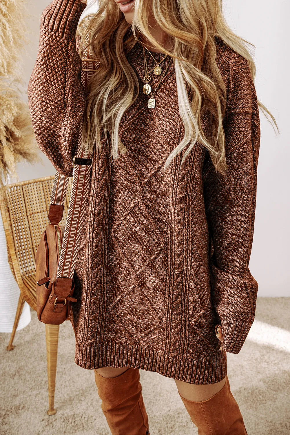 Cable-Knit Round Neck Sweater Dress in Taupe