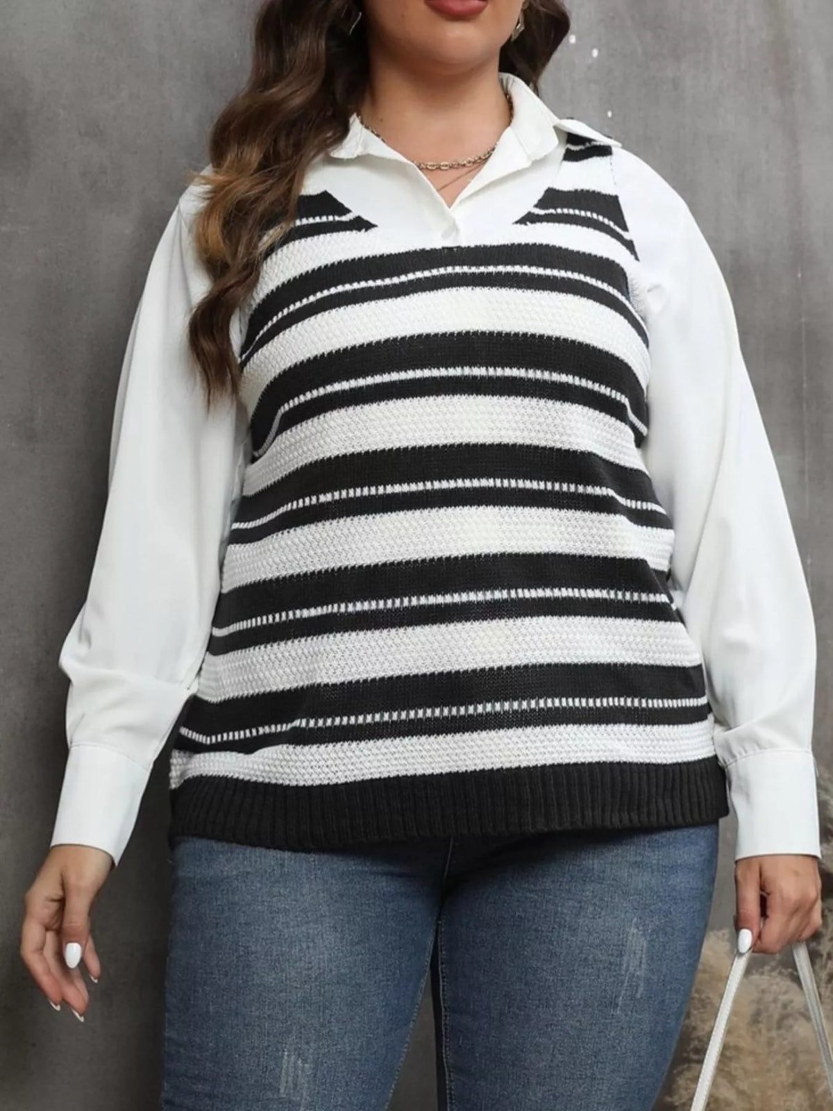 Plus Size Striped V-Neck Knit Sweater Vest - Lilixa.store