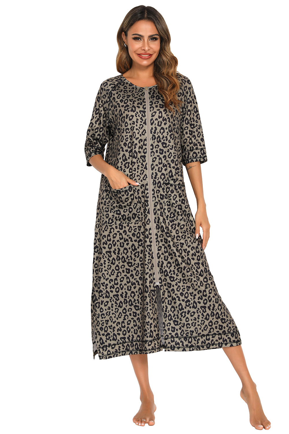 Printed Slit Night Dress with Pockets - Lilixa.store