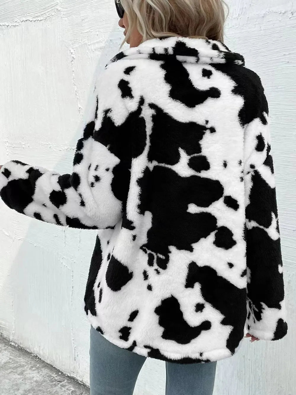 Cow Print Collared Neck Button Up Fuzzy Jacket, view 3