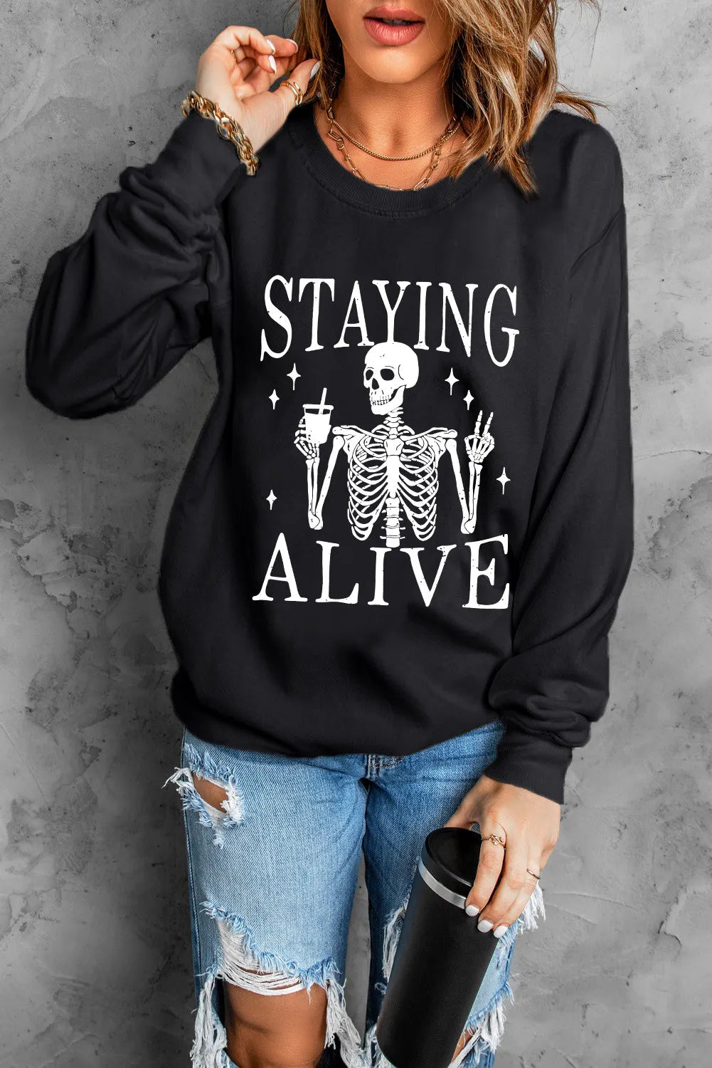 Skull Graphic Round Neck Long Sleeve Sweatshirt - Lilixa.store