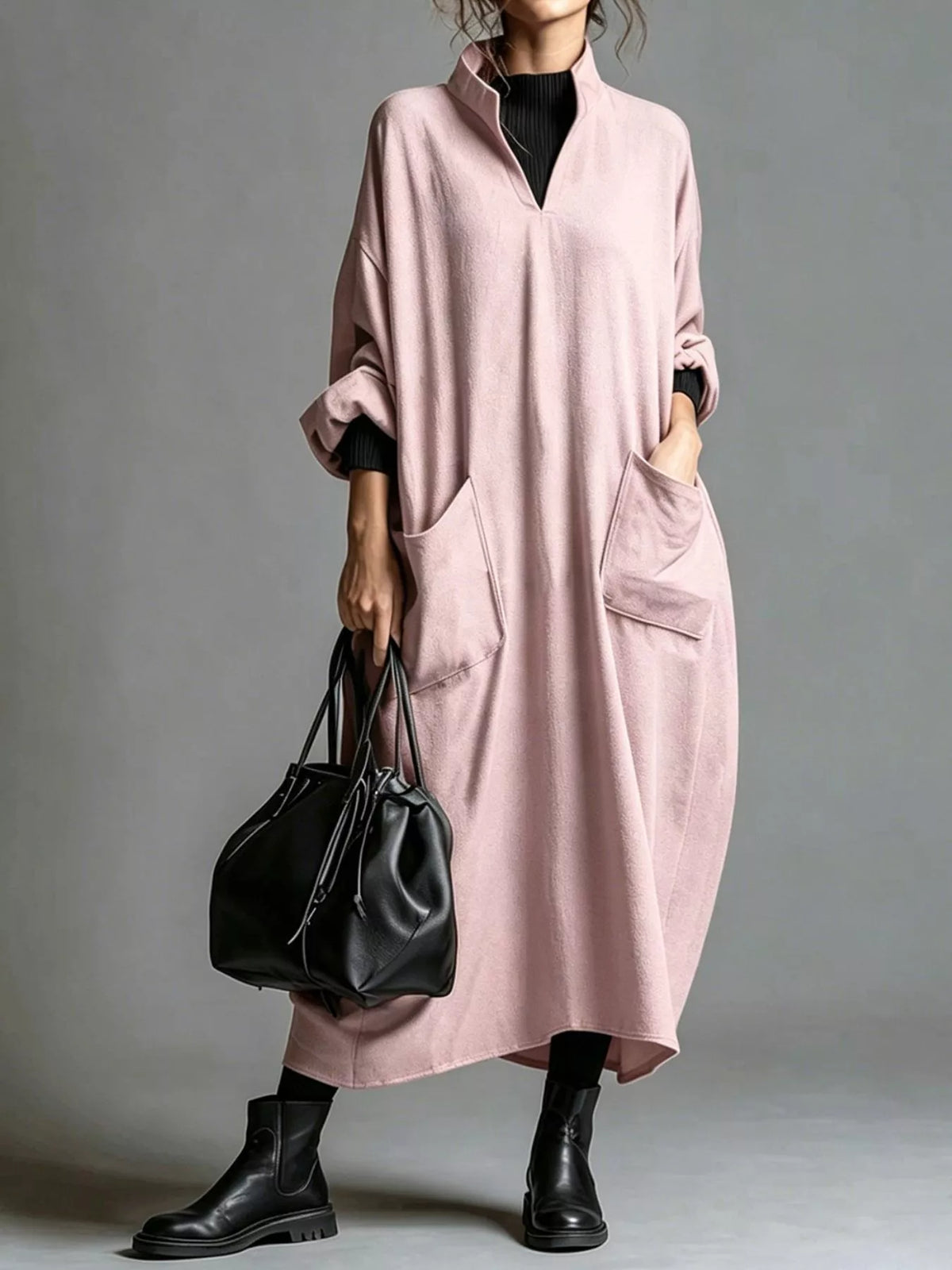 Full Size Loose-Fit Mock Neck Midi Dress with Pockets Plus Size - Lilixa.store
