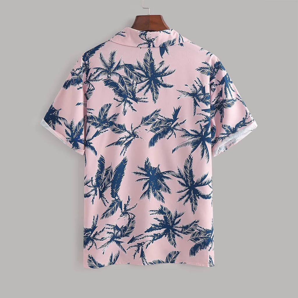 Men's Full Size Tropical Print Hawaiian Style Top and Shorts Set Plus Size in Pink, view 3