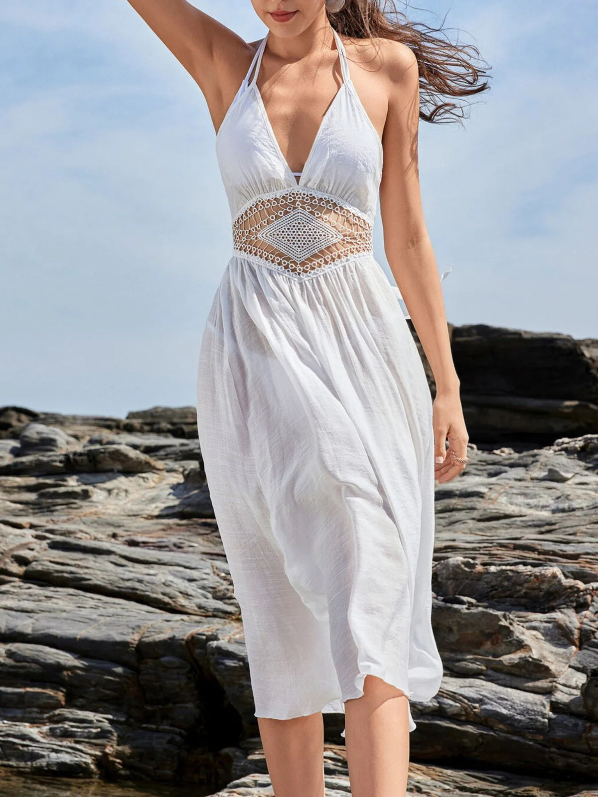 Crochet Waist Halter Sleeveless Cover-Up Dress - Lilixa.store