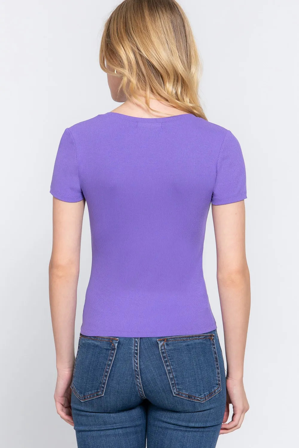 ACTIVE BASIC V-Neck Ribbed Short Sleeve Knit T-Shirt - Lilixa.store