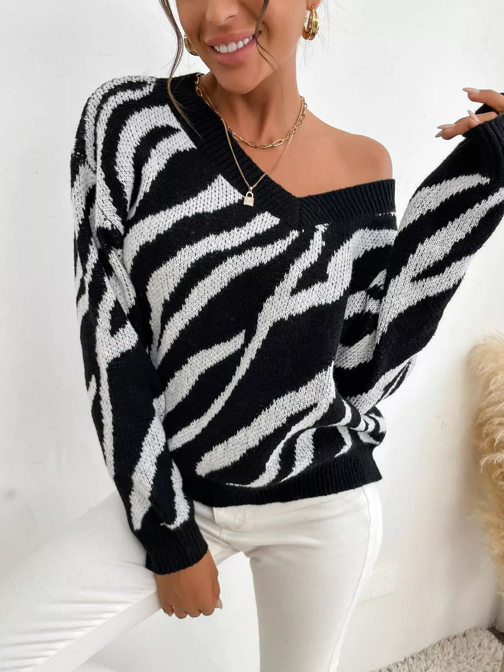 Zebra Print Relaxed Fit Pullover Sweater - Lilixa.store