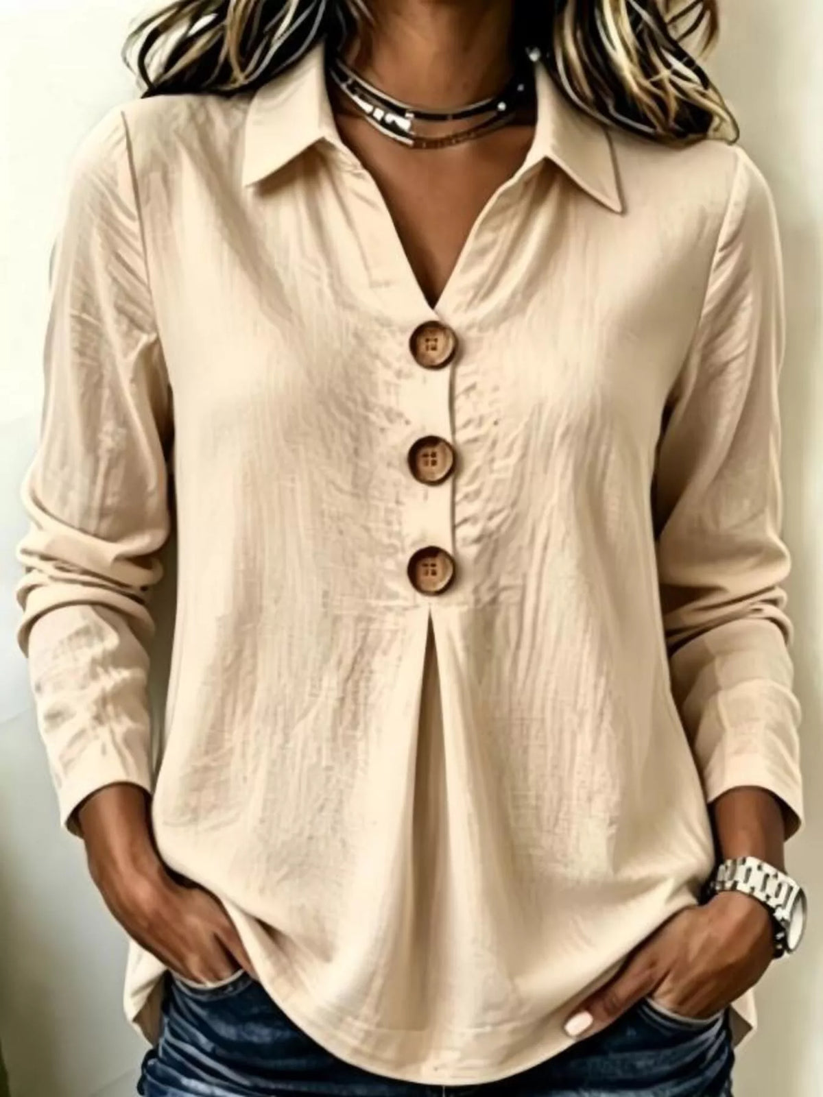 Full Size Button Detail Long Sleeve Blouse Plus Size in Apricot
