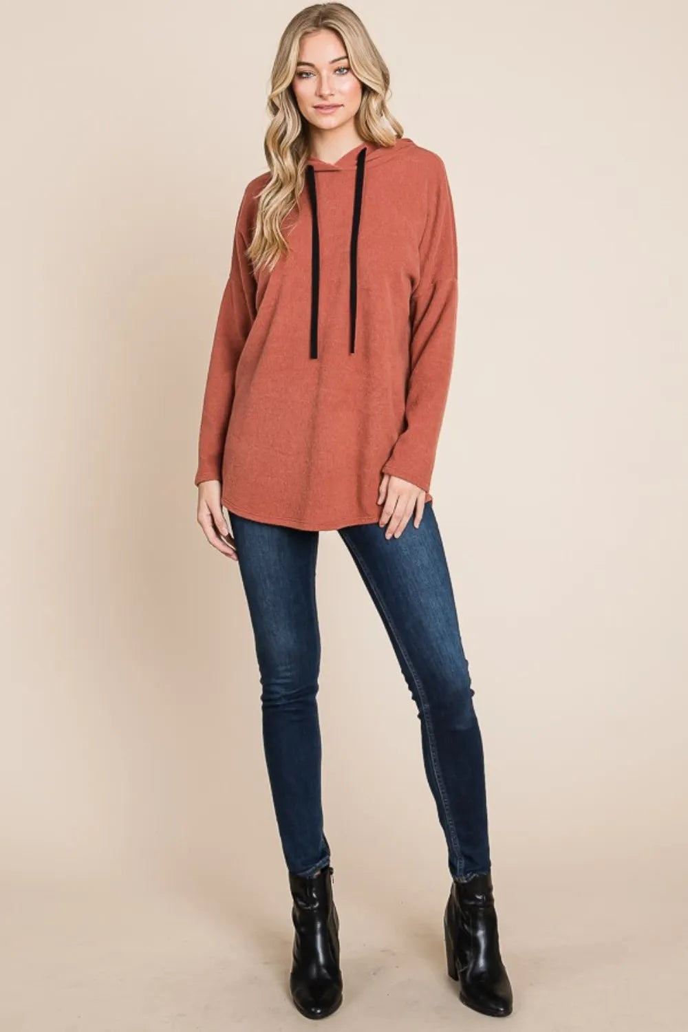 BOMBOM Contrast Drawstring Drop Shoulder Knit Hoodie - Lilixa.store