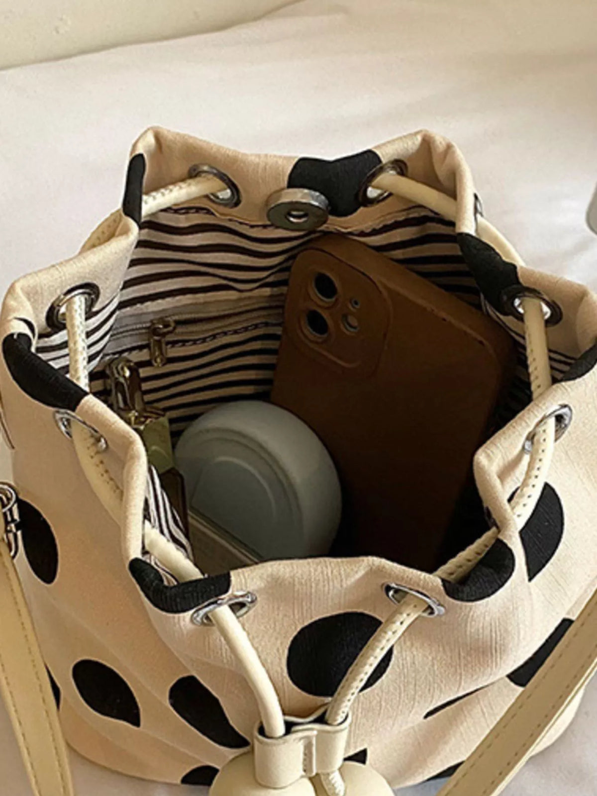 Polka Dot Drawstring Bucket Crossbody Bag