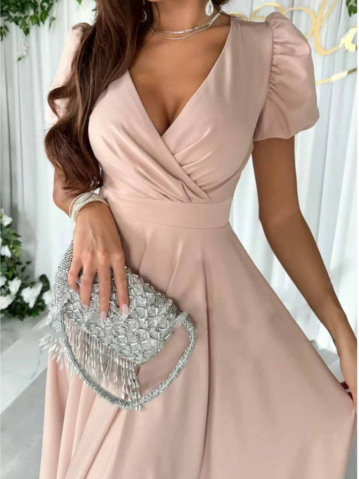 Surplice Puff Sleeve Midi Dress, view 5