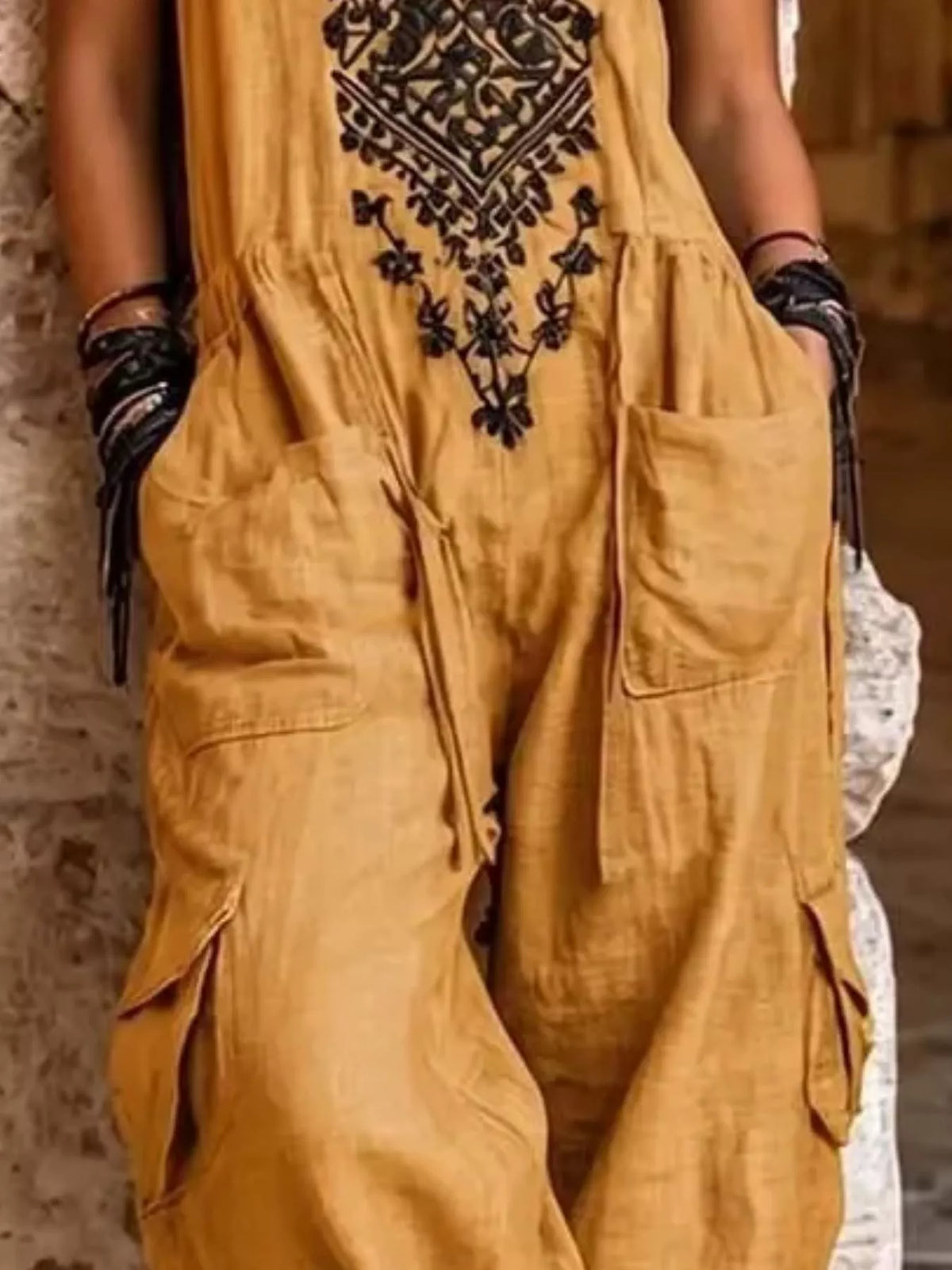 Full Size Embroidered Sleeveless Jumpsuit with Cargo Pockets Plus Size - Lilixa.store