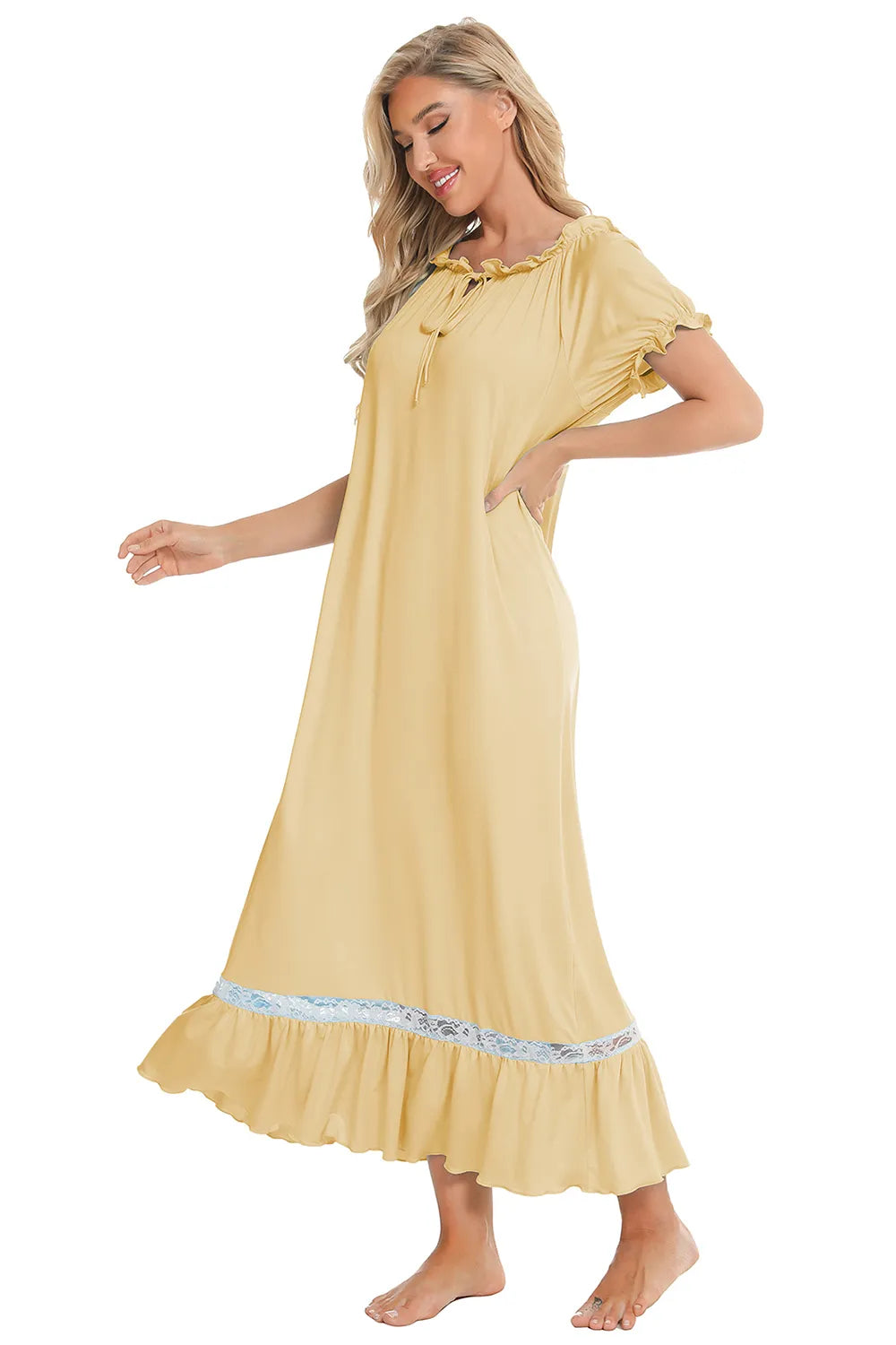 Lace Detail Short Sleeve Lounge Dress - Lilixa.store