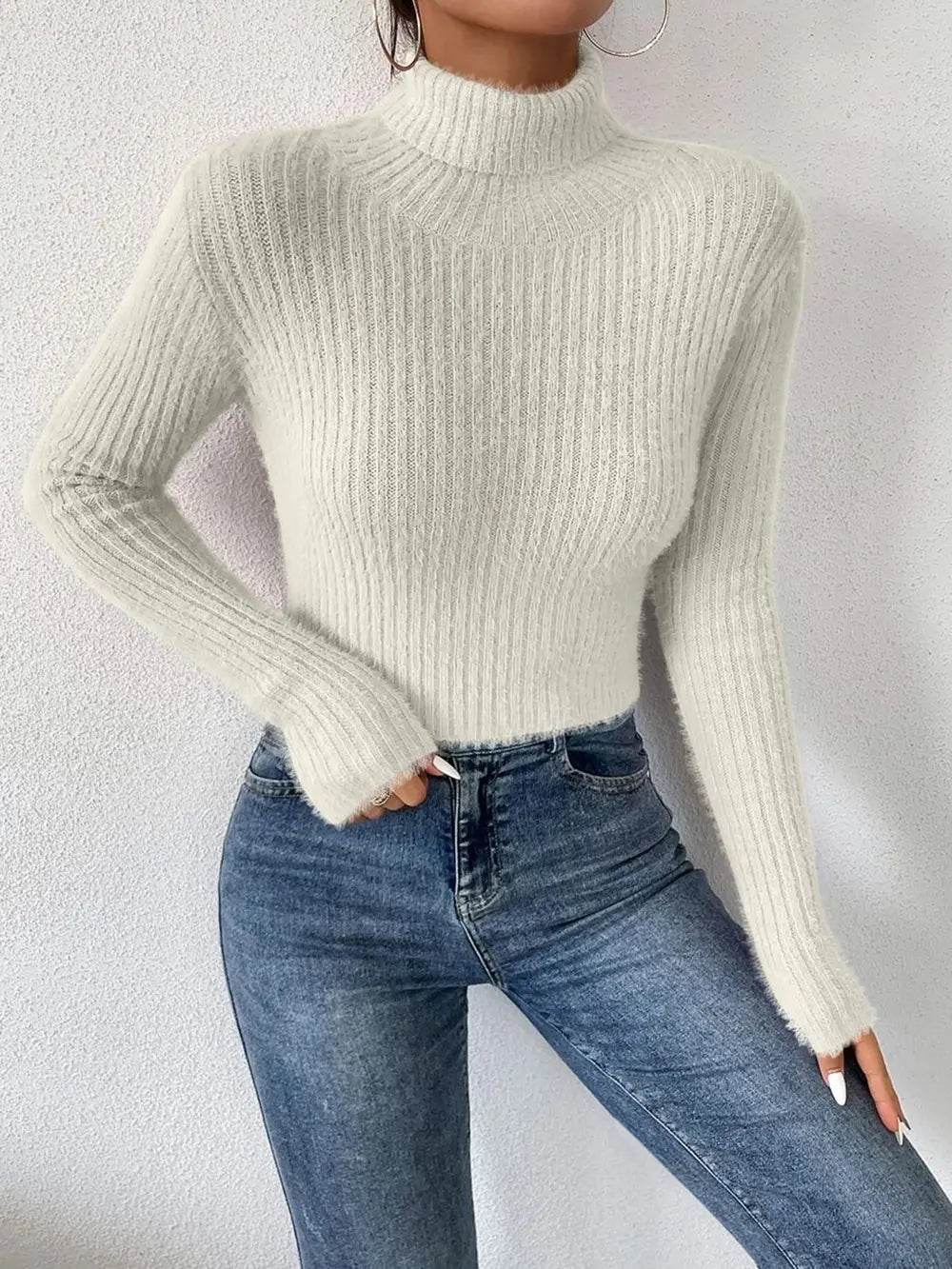 Ribbed Turtleneck Long Sleeve Sweater, view 7