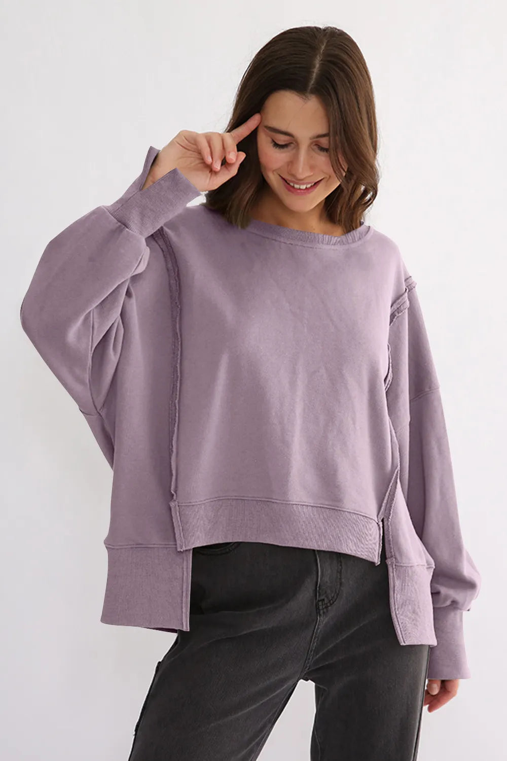 Exposed Seam High-Low Long Sleeve Sweatshirt - Lilixa.store