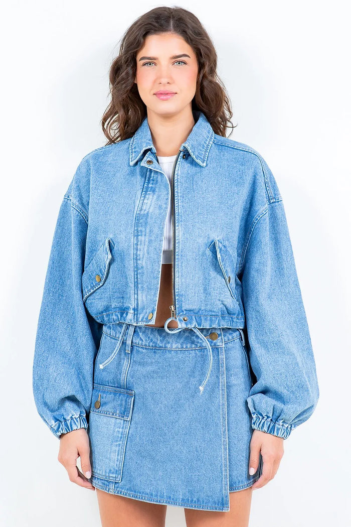 American Bazi Drawstring Waist Crop Denim Jacket - Lilixa.store