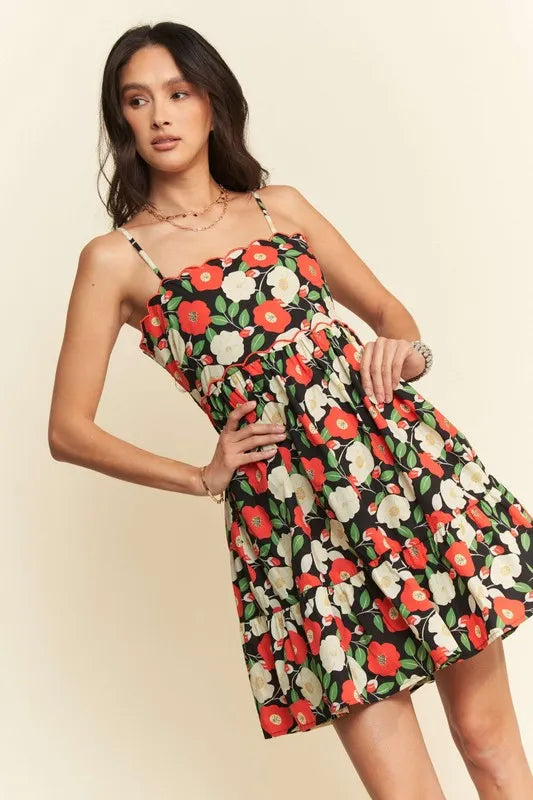 Davi & Dani Floral Scalloped Cutout Back Mini Dress - Lilixa.store