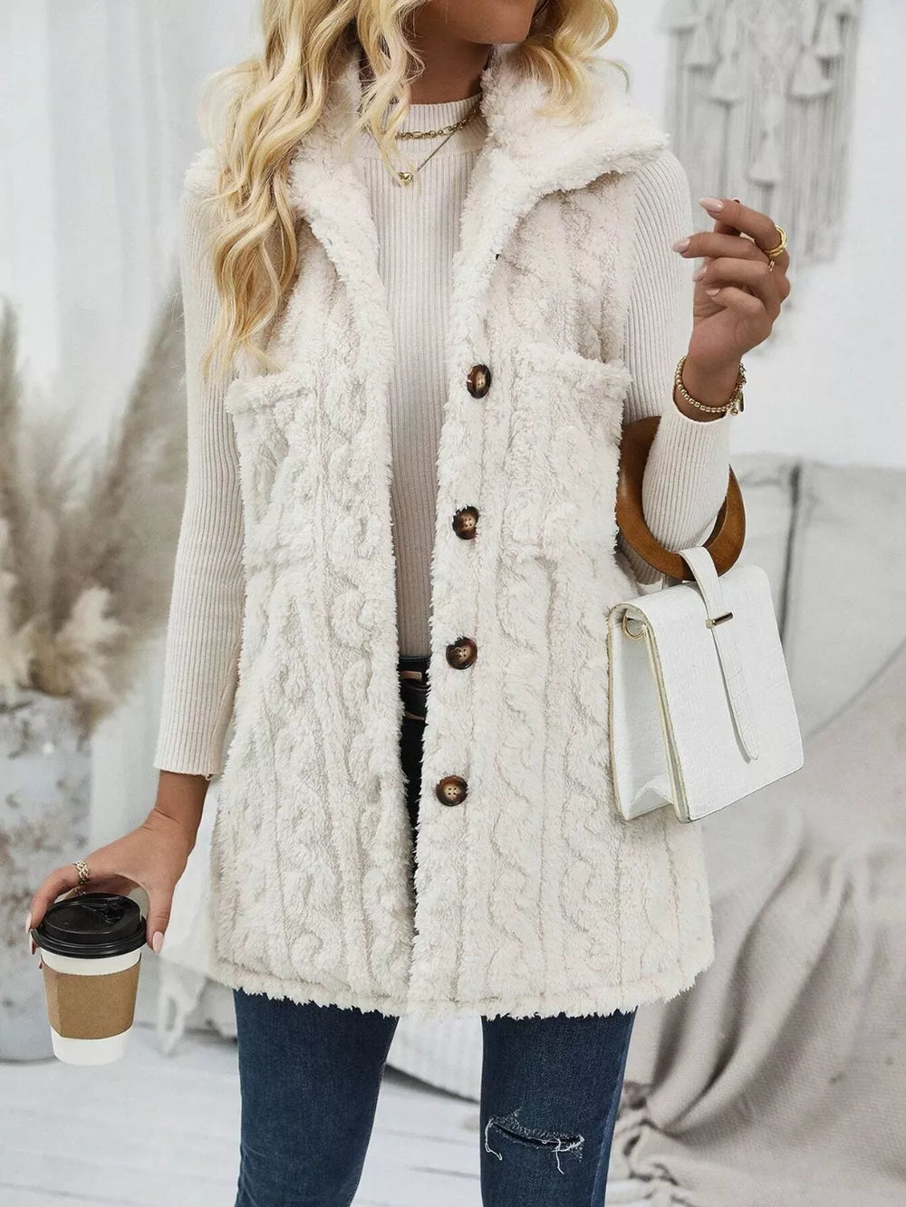 Fuzzy Button Up Vest Coat in Beige