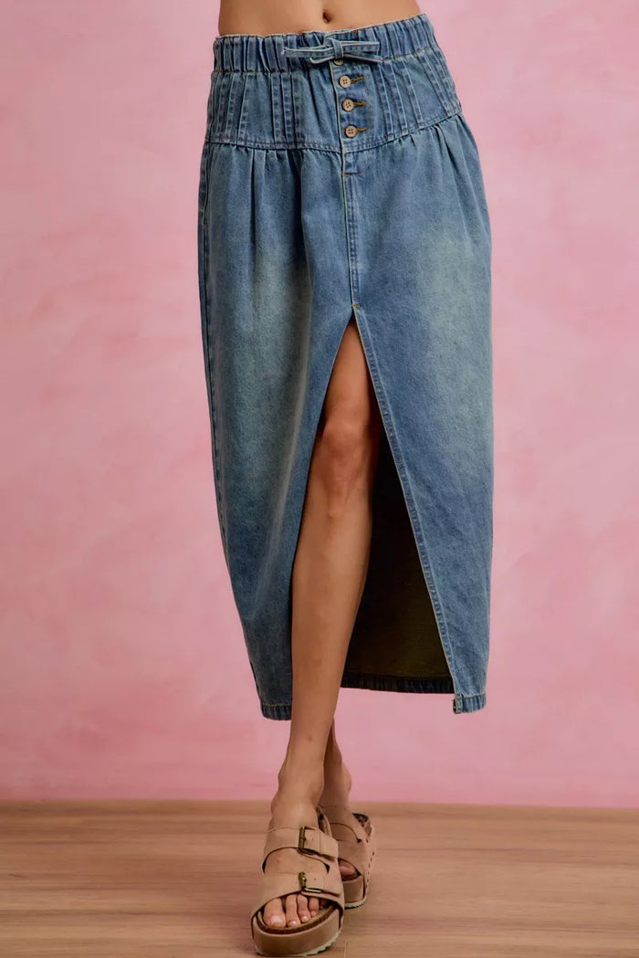 SO ME Pleated Washed Denim Skirt With Front Slit - Lilixa.store