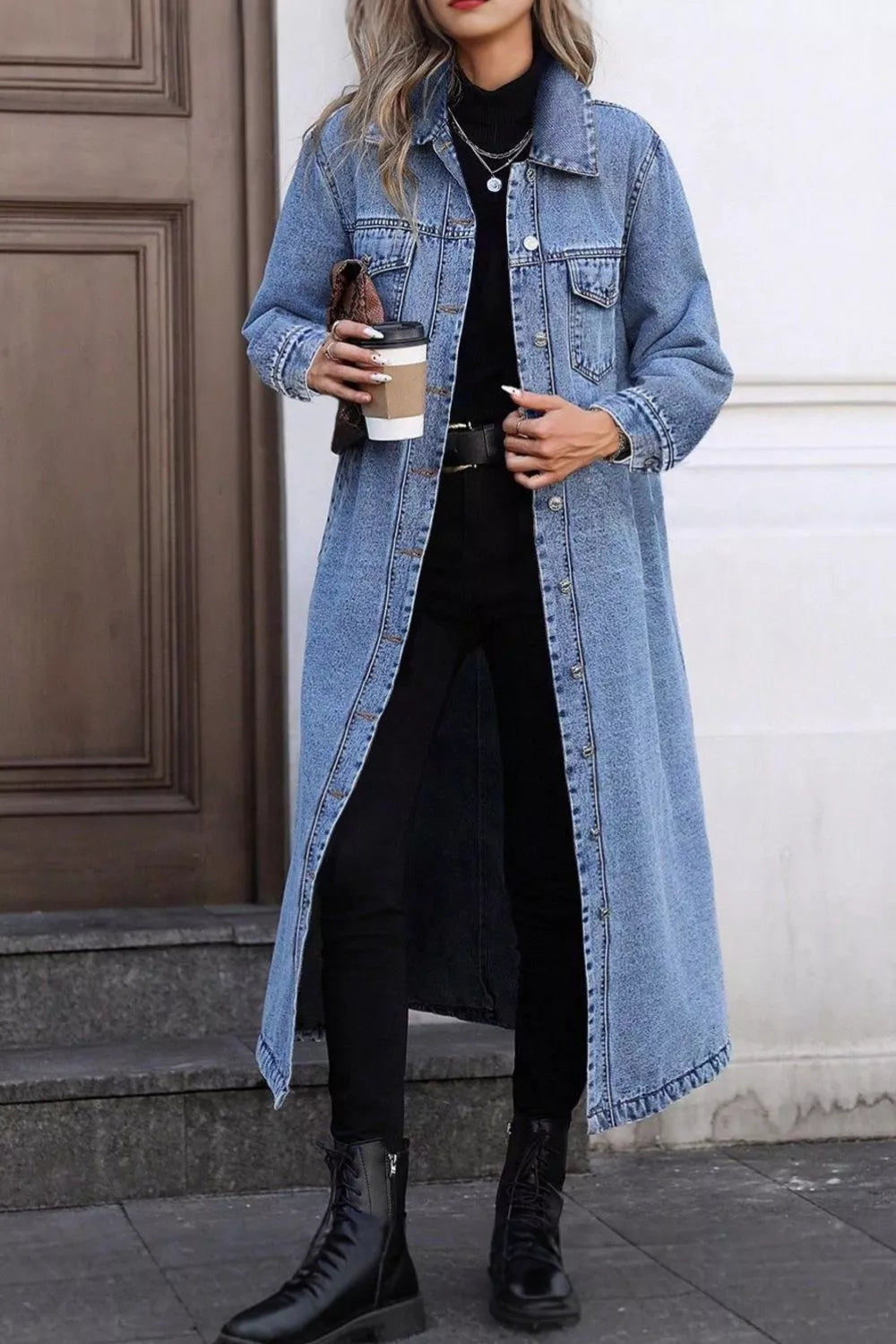 Longline Button-Down Denim Jacket in Blue
