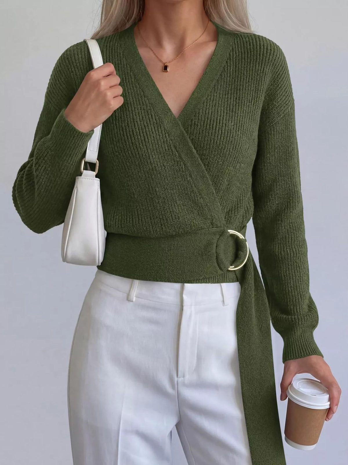 Metal Ring Detail Dropped Shoulder Sweater - Lilixa.store