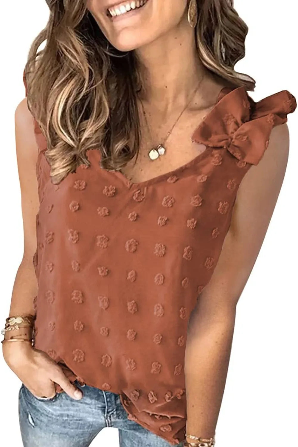 Full Size Swiss Dot V-Neck Tank - Lilixa.store