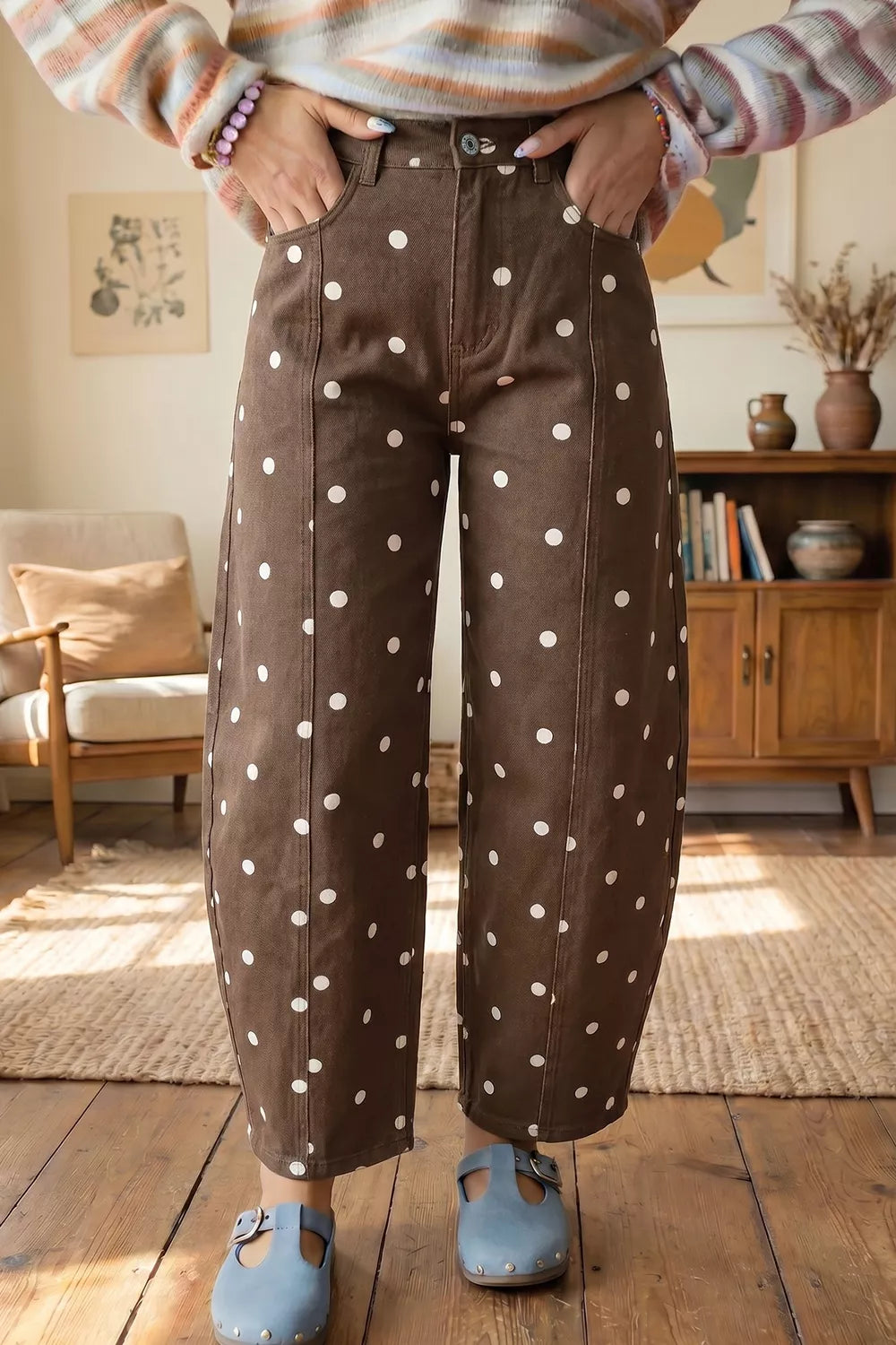 Tailored Seam Polka Dot Print Barrel Casual Jeans - Lilixa.store