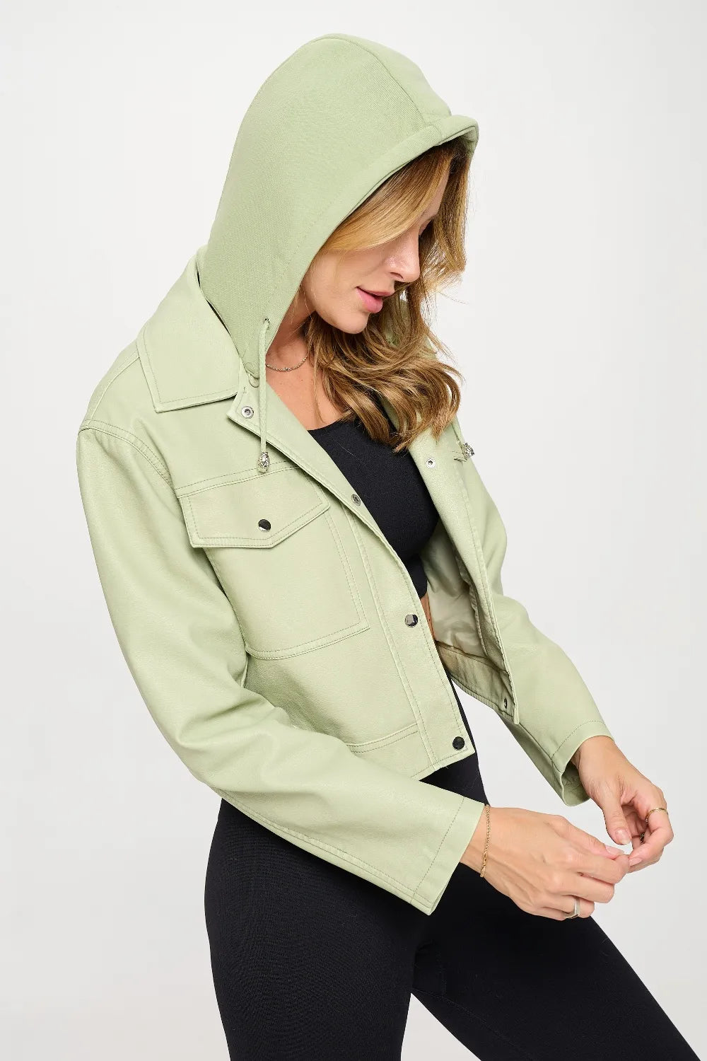 Coalition LA Snap Down Cropped Hooded Jacket in Mint, view 3