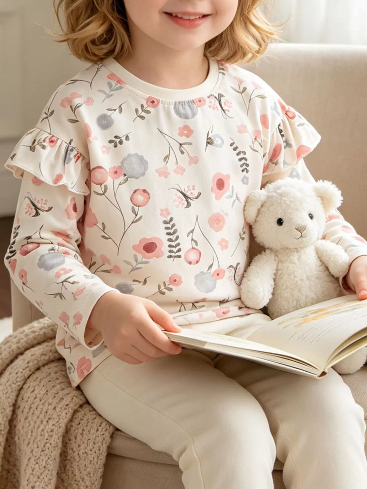 Children's Floral Print Ruffle-Sleeve Crew Neck Sweatshirt - Lilixa.store