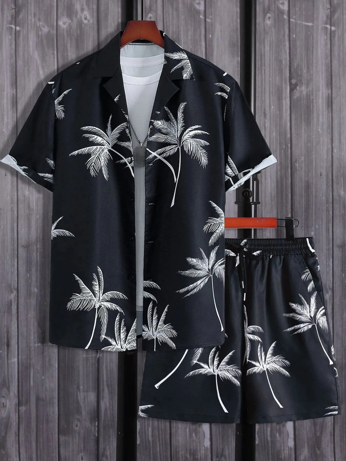 Men's Full Size Palm Print Button Up Shirt and Shorts Set Plus Size in Black