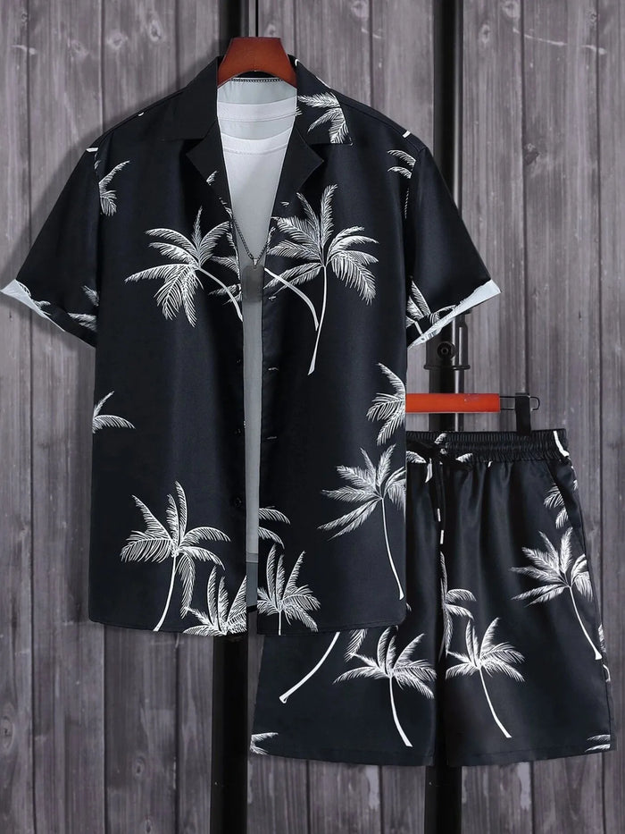 Men's Full Size Palm Print Button Up Shirt and Shorts Set Plus Size in Black