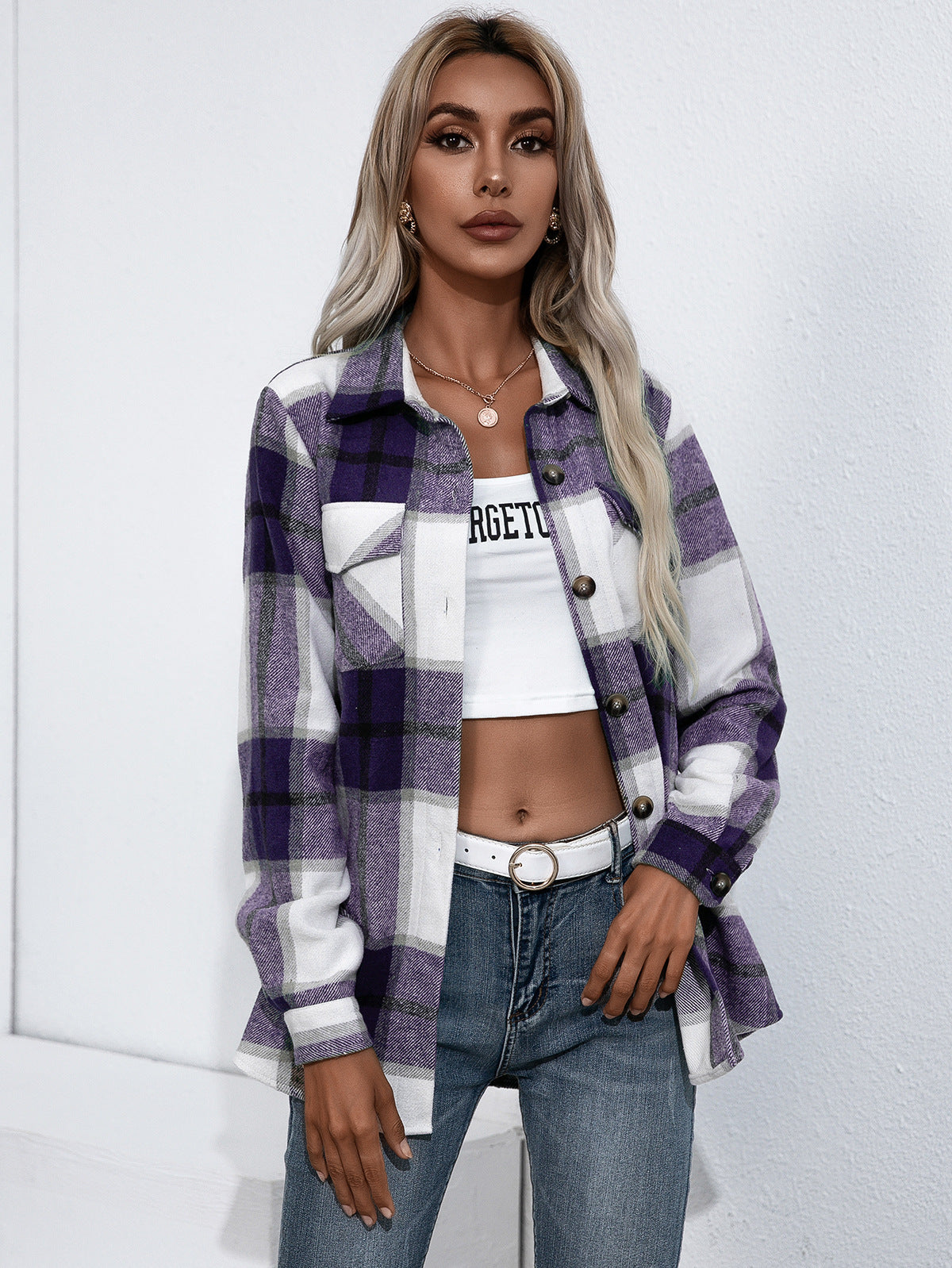 Ivy Lane Plaid Button Up Flannel Shirt in Deep Purple