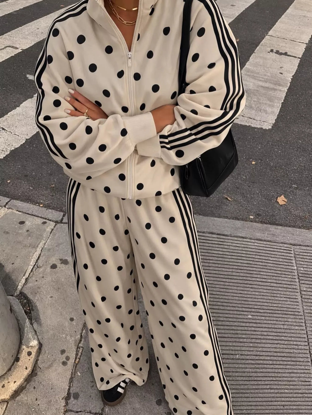 Polka Dot Side Striped Outerwear and Pants Set - Lilixa.store