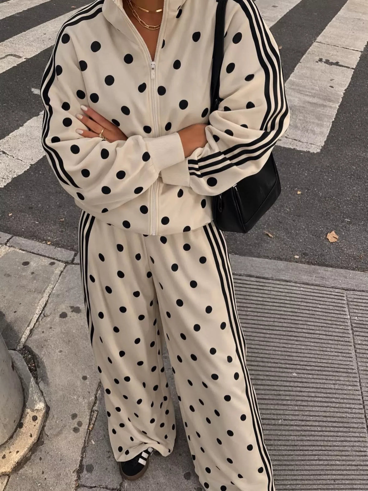 Polka Dot Side Striped Outerwear and Pants Set - Lilixa.store