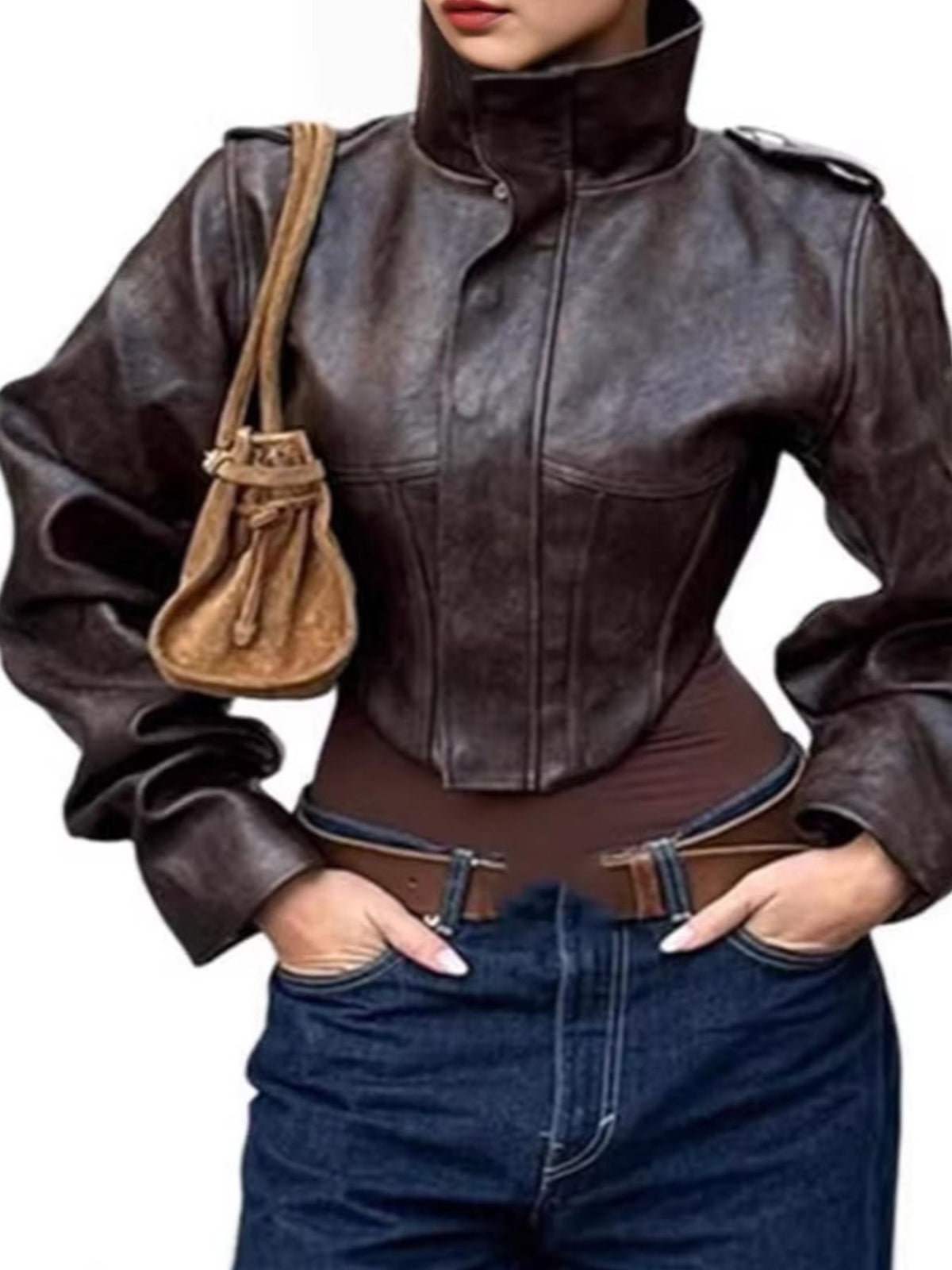 Vintage Style Slim Fit Leather Jacket in Brown