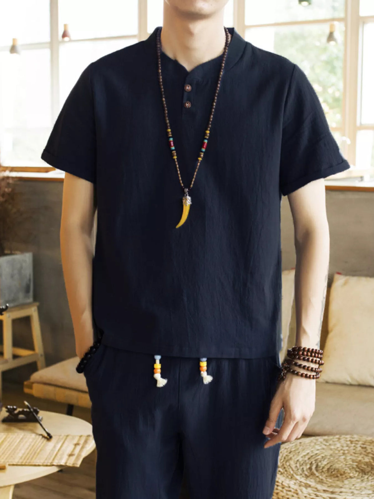 Men's Plus Size Button Detail Short Sleeve Top and Pants Set - Lilixa.store
