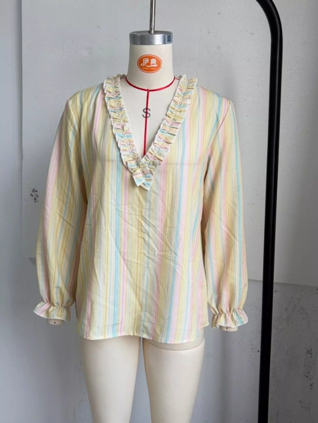Striped Ruffle-Trim V-Neck Blouse - Lilixa.store