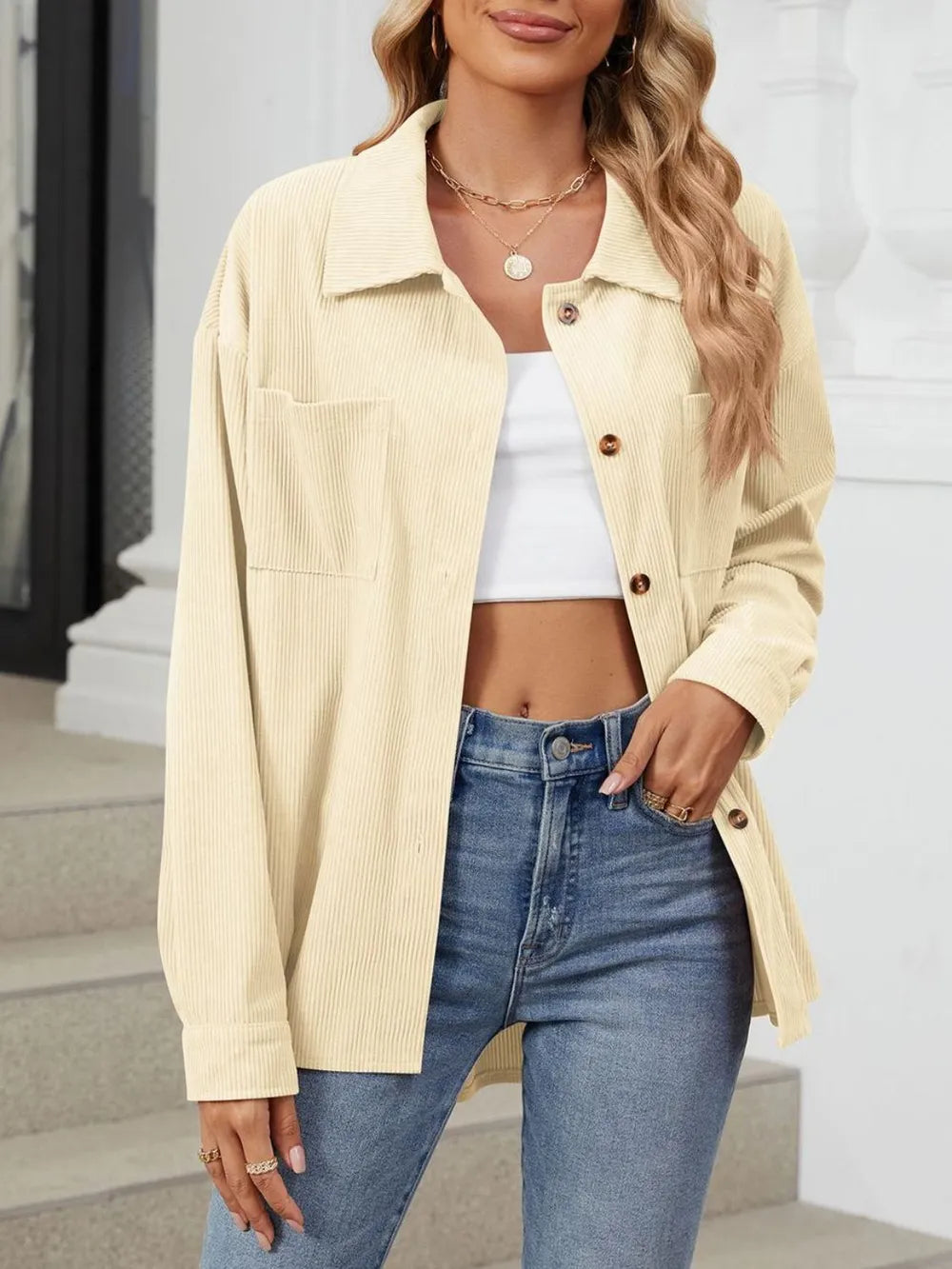Button Up Dropped Shoulder Long Sleeve Outerwear - Lilixa.store