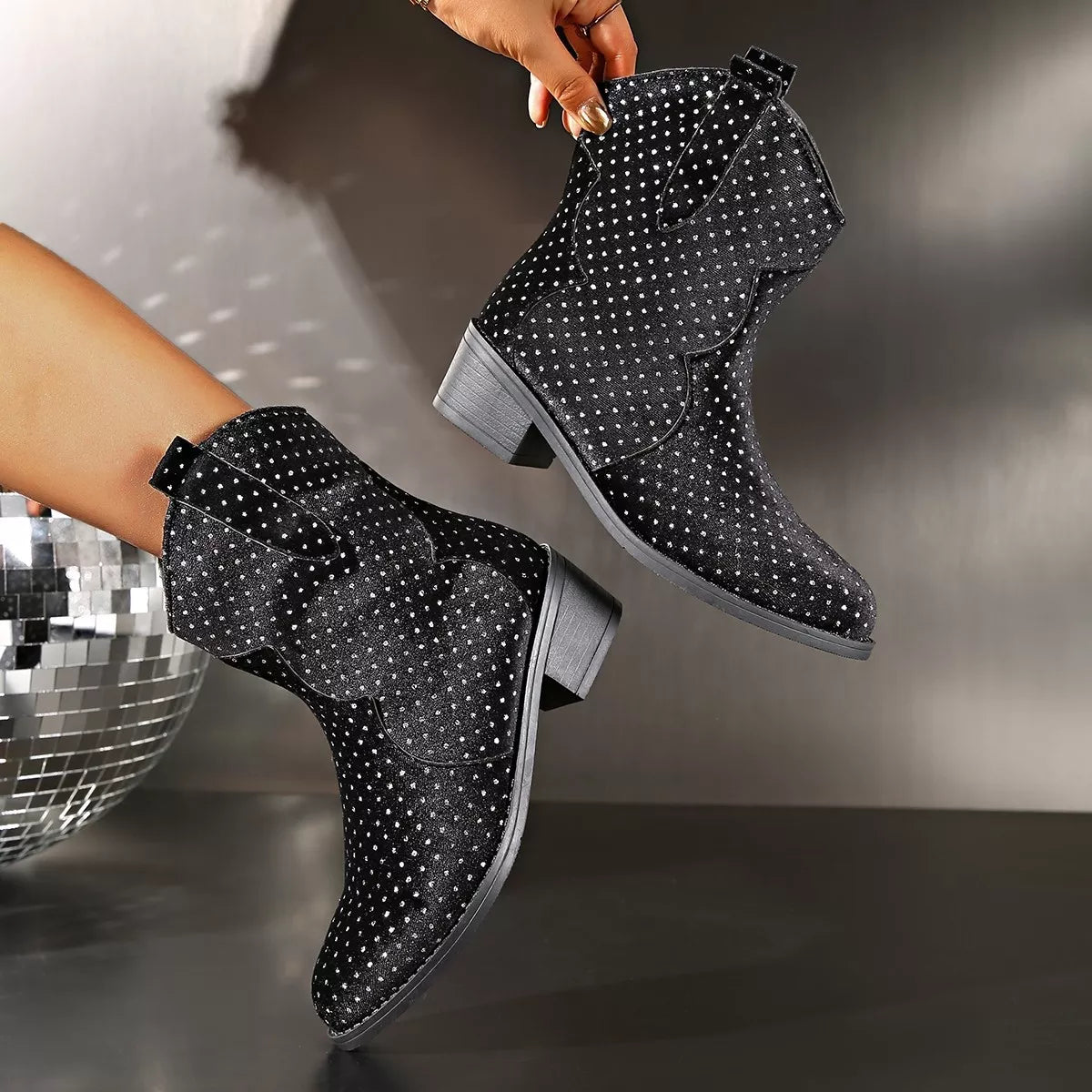 Sparkling Point Toe Block Heels Boots - Lilixa.store