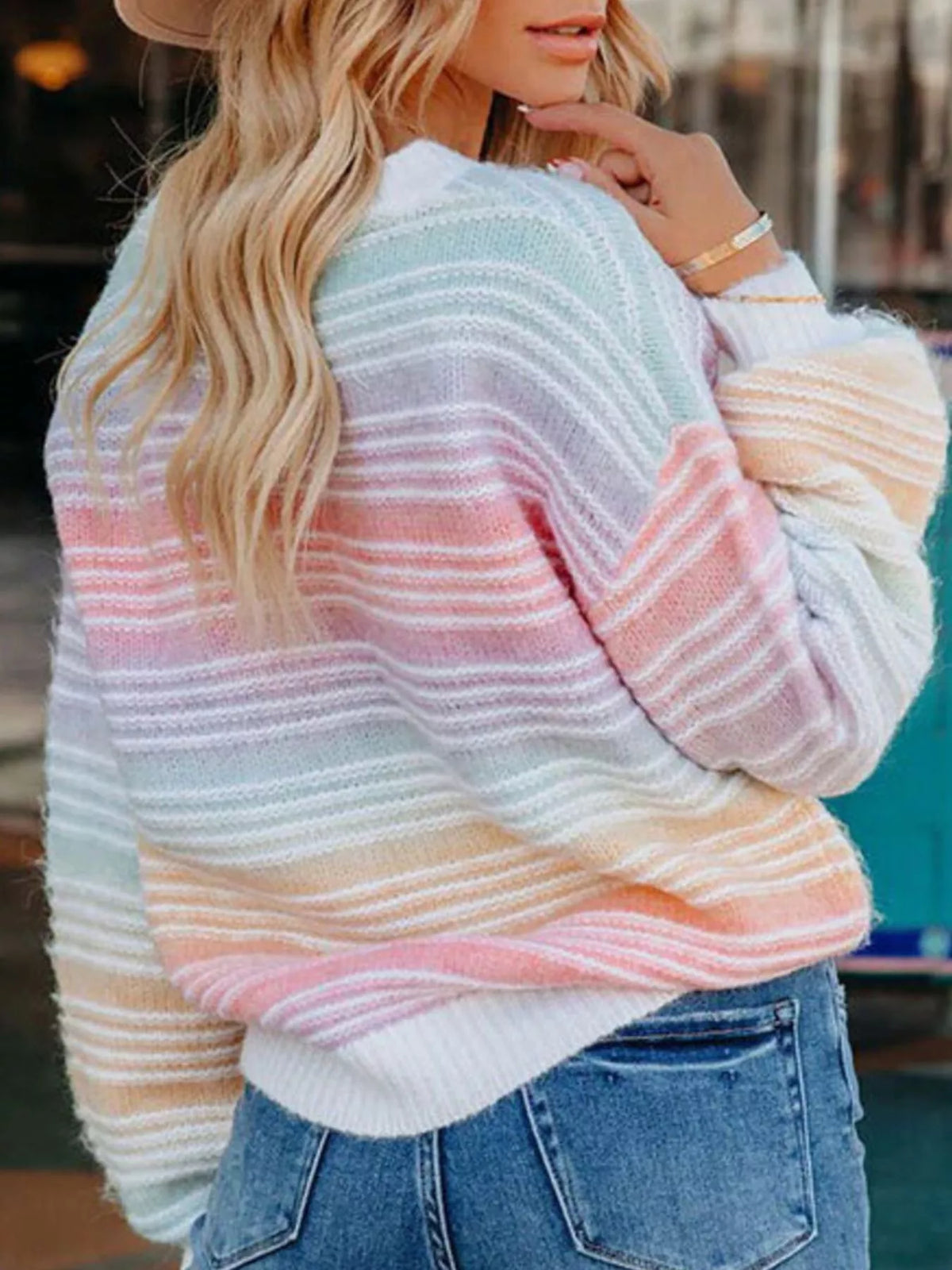 Rainbow Striped Dropped Shoulder Sweater - Lilixa.store