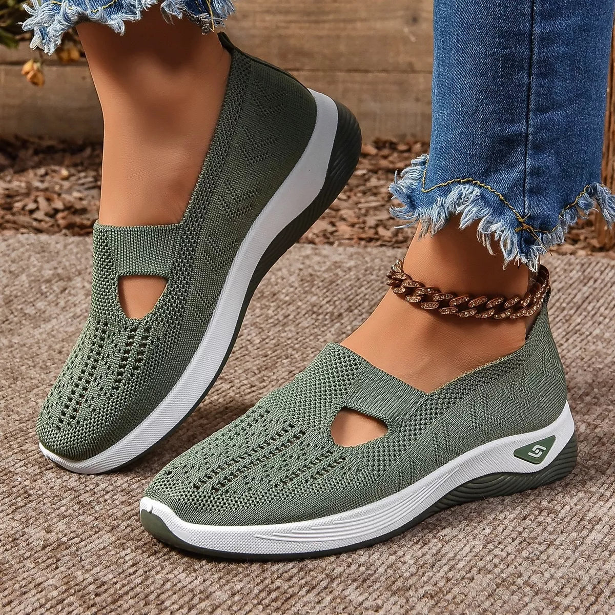 Round Toe Mesh Slip-Ons in Green