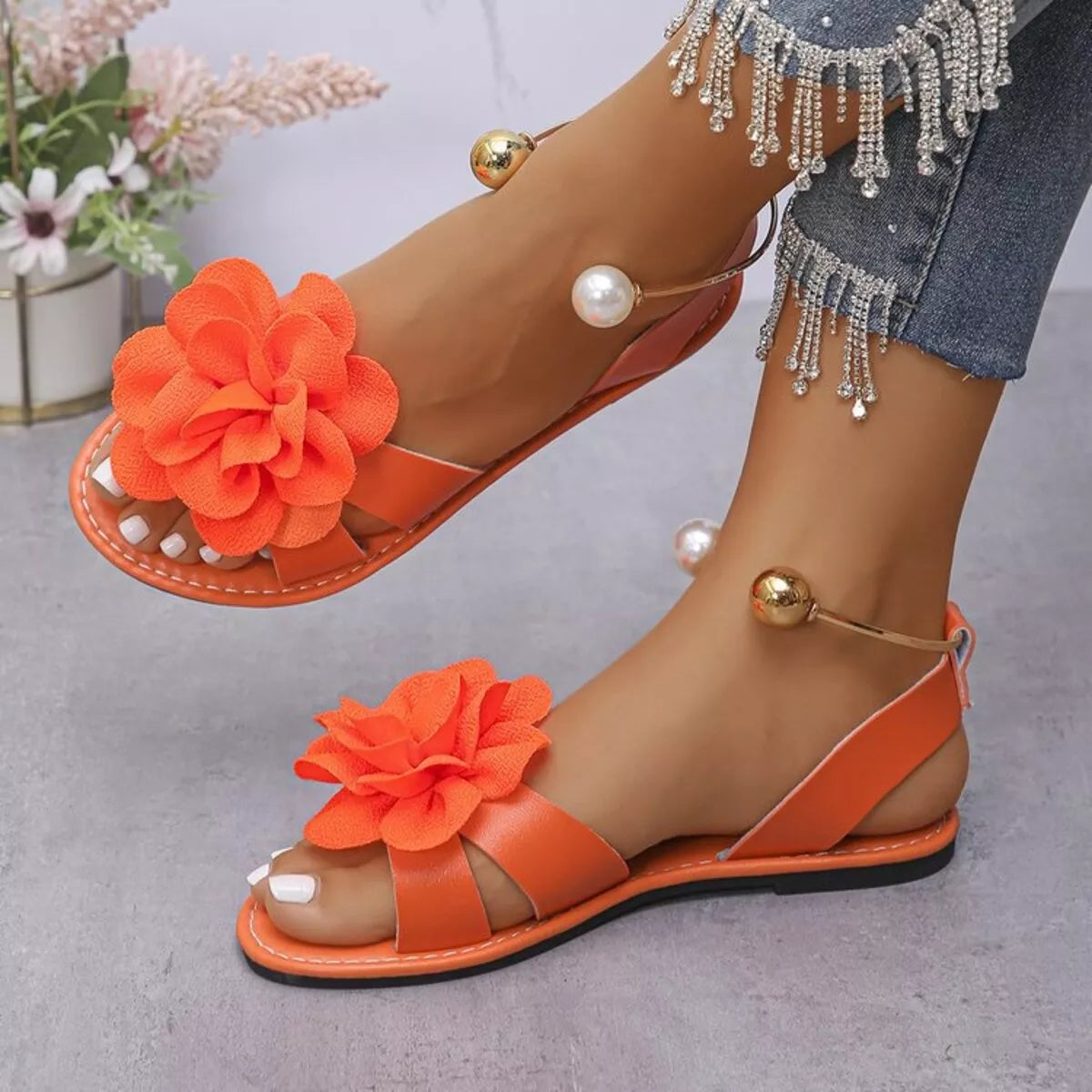 Flower Open Toe Sandals in Orange
